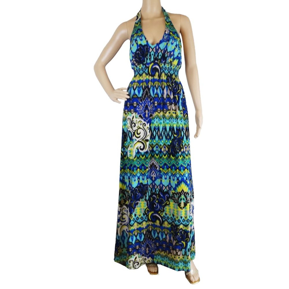 Bisou Bisou Blue Abstract Halter Maxi Dress - M, 6 - Boho Print, Stretchy, Trips